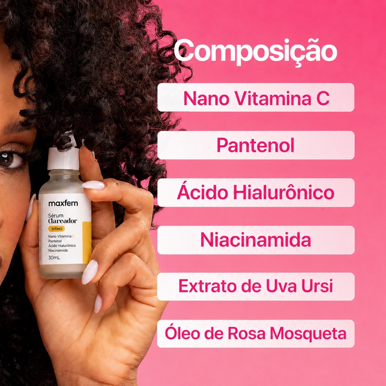 Composição do Sérum Clareador: Nano Vitamina C, Pantenol, Ácido Hialurônico, Niacinamida, Extrato de Uva Ursi e Óleo de Rosa Mosqueta