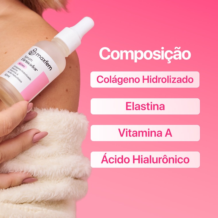 Composição do Sérum Firmador: Colágeno Hidrolizado, Elastina, Vitamina A e Ácido Hialurônico