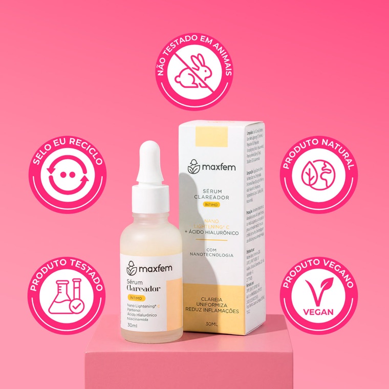Selos do Sérum Clareador Maxfem: produto testado, natural, vegano, não testado em animais e embalagem reciclável